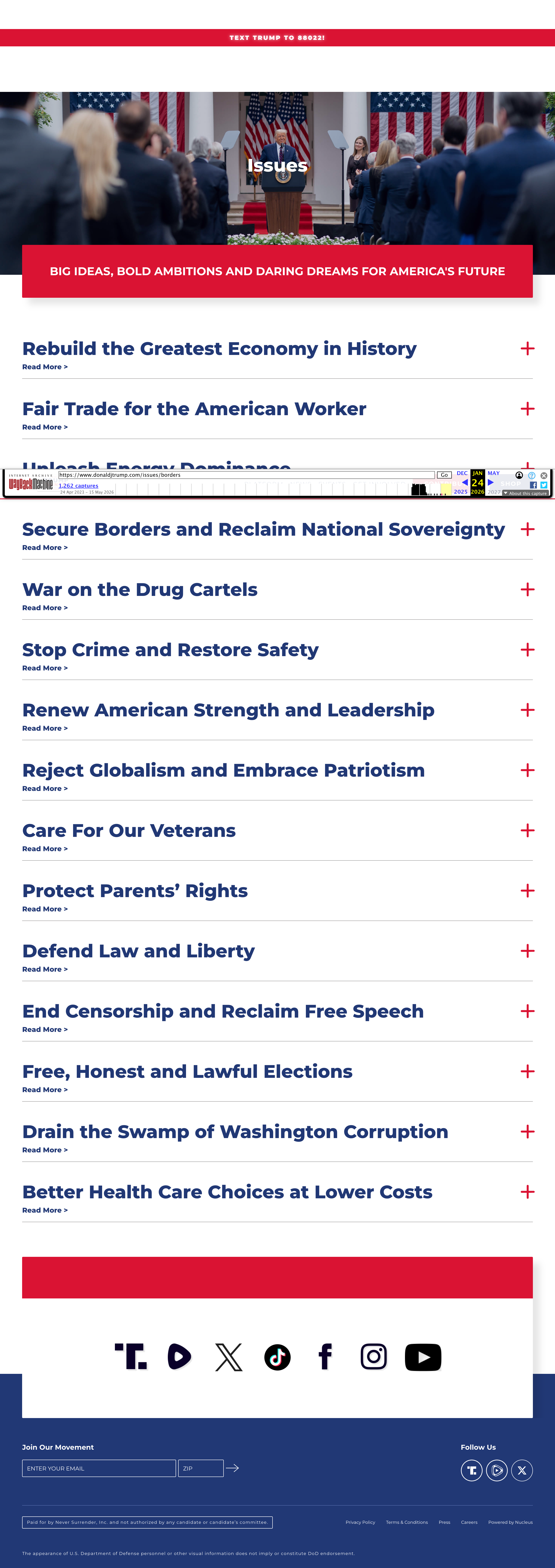 donaldjtrump.com Borders policy page — 2016 Election Day archive