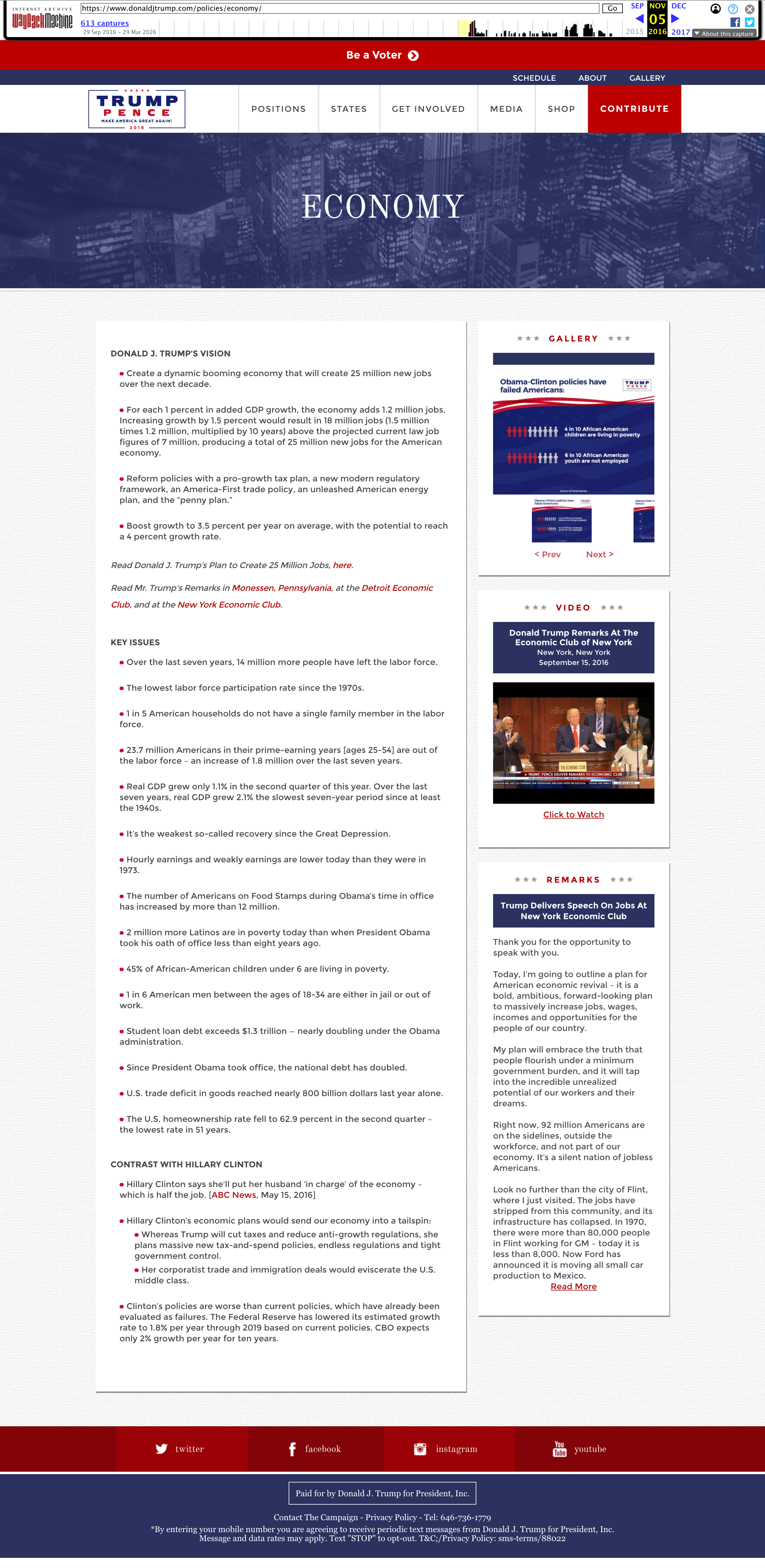 donaldjtrump.com Economy policy page — 2016 Election Day archive