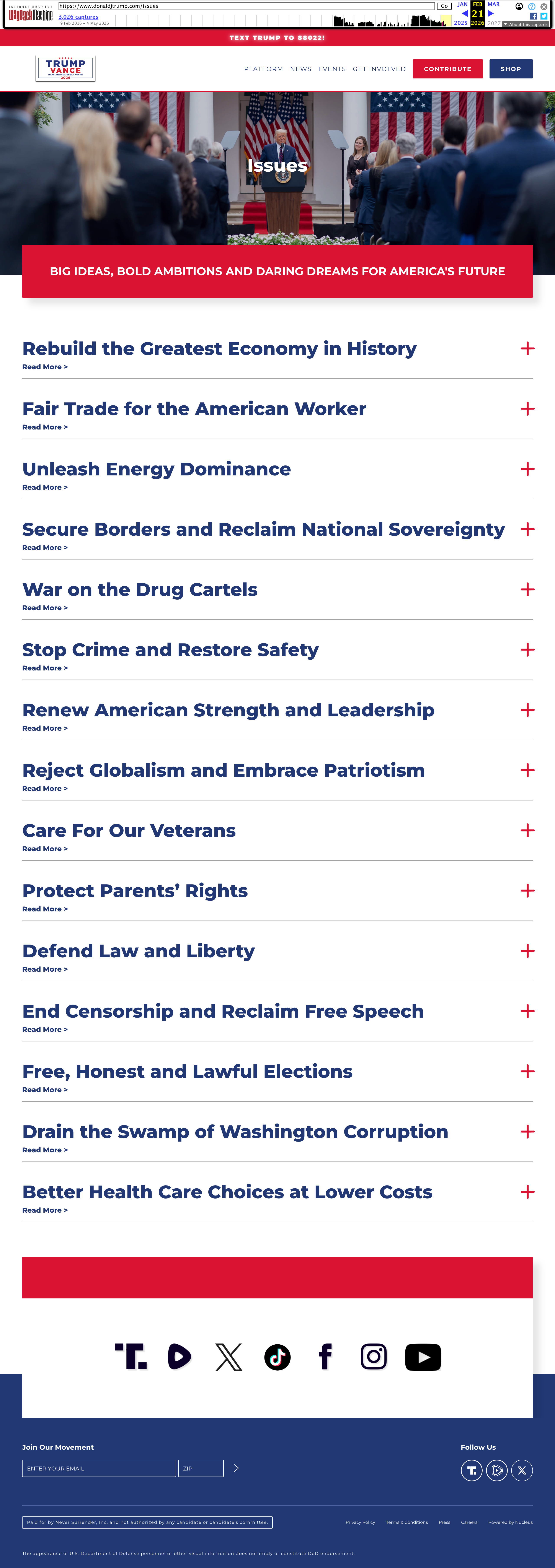 donaldjtrump.com Issues Index policy page — 2016 Election Day archive
