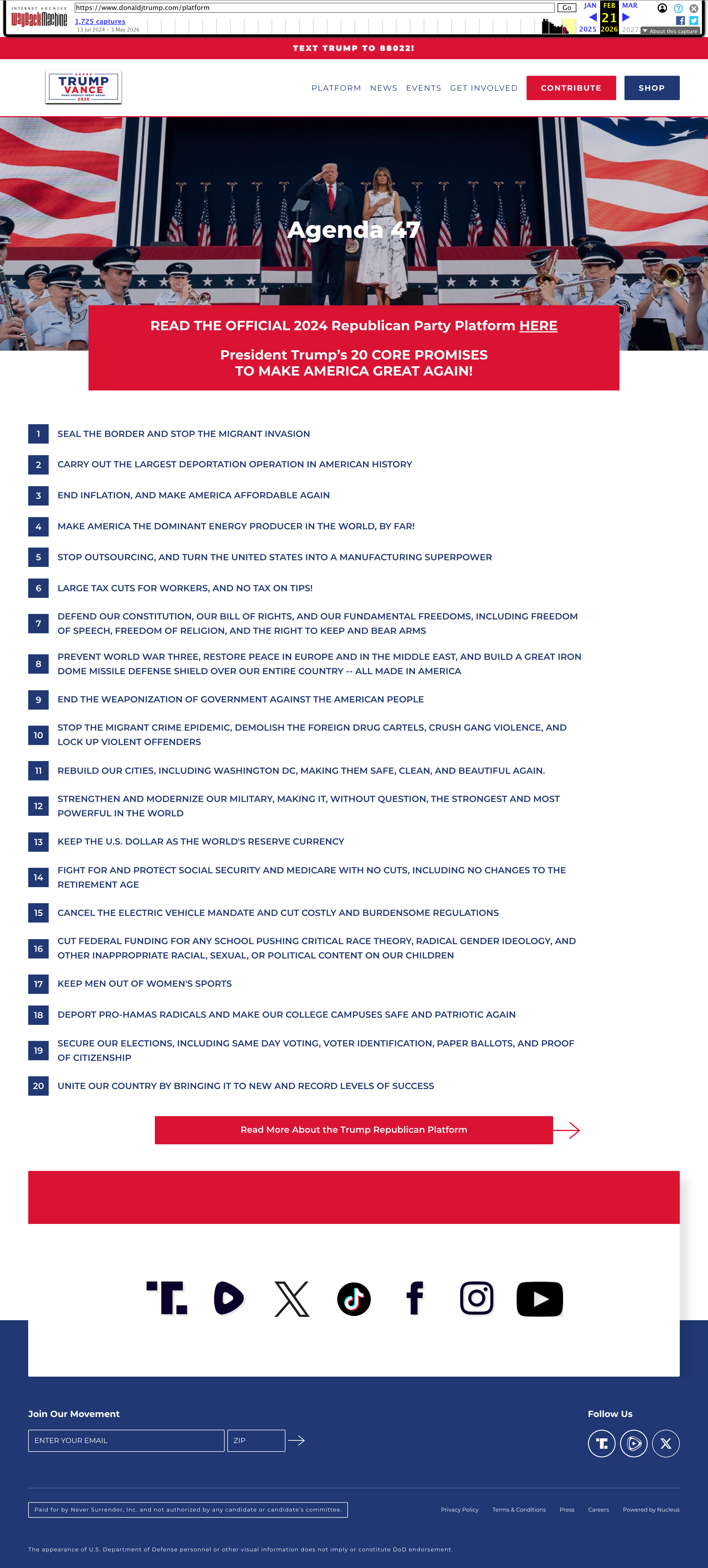 donaldjtrump.com Platform — Page Screenshot policy page — 2016 Election Day archive