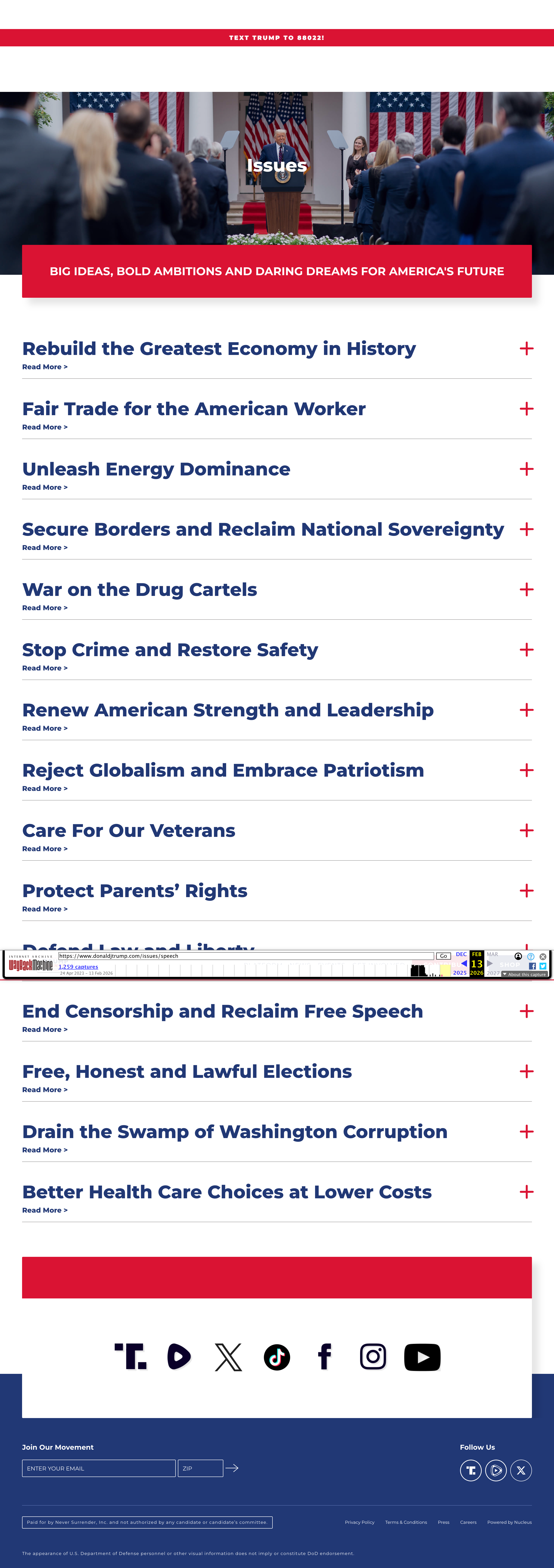 donaldjtrump.com Speech policy page — 2016 Election Day archive