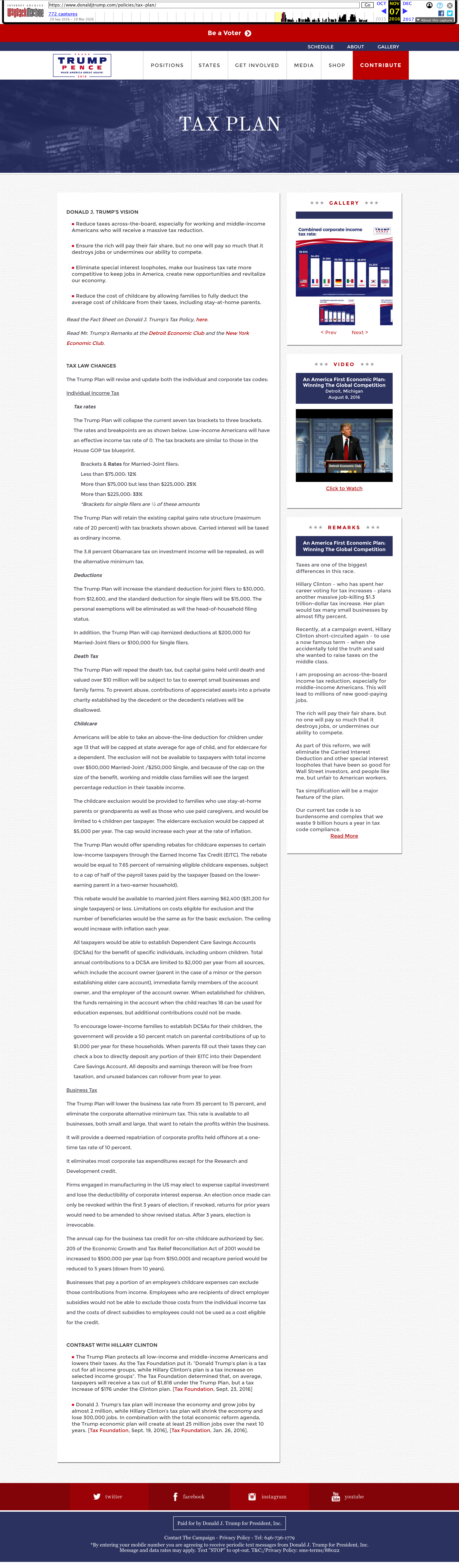 donaldjtrump.com Tax Plan policy page — 2016 Election Day archive