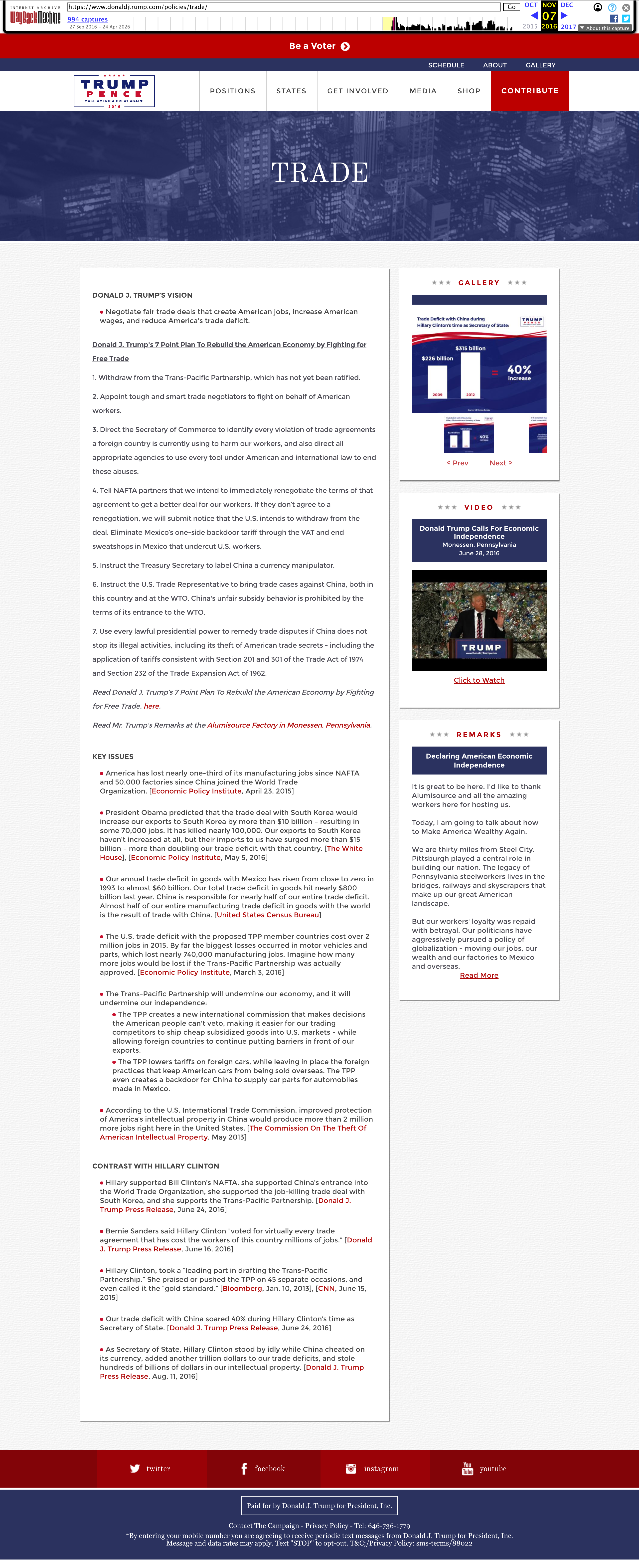 donaldjtrump.com Trade policy page — 2016 Election Day archive